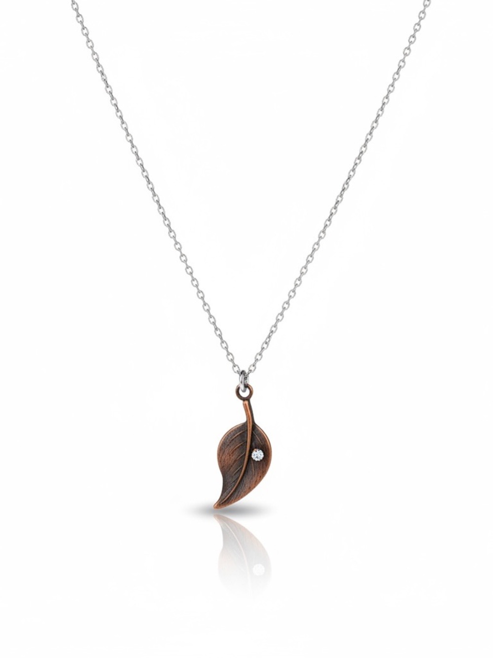 Copper Leaf Pendant Necklace with Clear Crystal